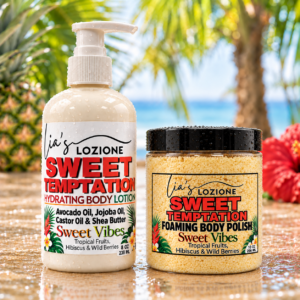 Sweet Temptation 8 oz Body Lotion Bottle and 10 oz Body Polish Jar in tropical setting