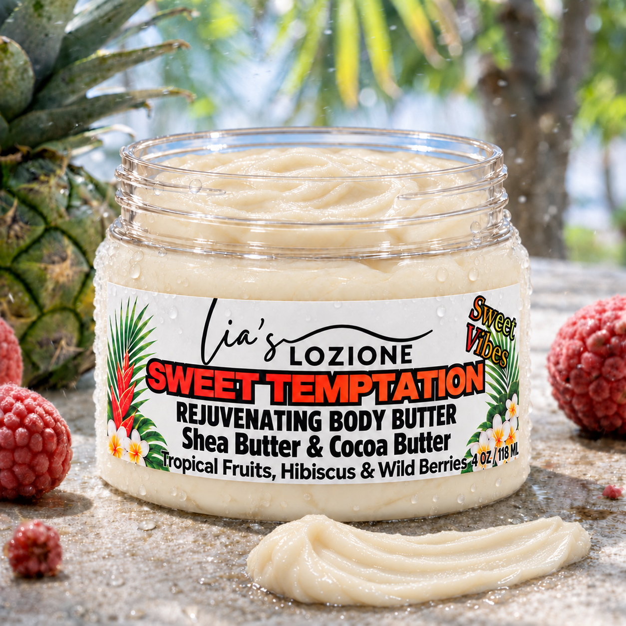Jar with LID OFF and a Body Butter SMEAR of Sweet Temptation Whipped Body Butter, size 4 OZ, by Lia's Lozione. The Scent is Infused with the essence of tropical fruits, Hibiscus wild berries lychee and seductive florals, Warm Amber.
