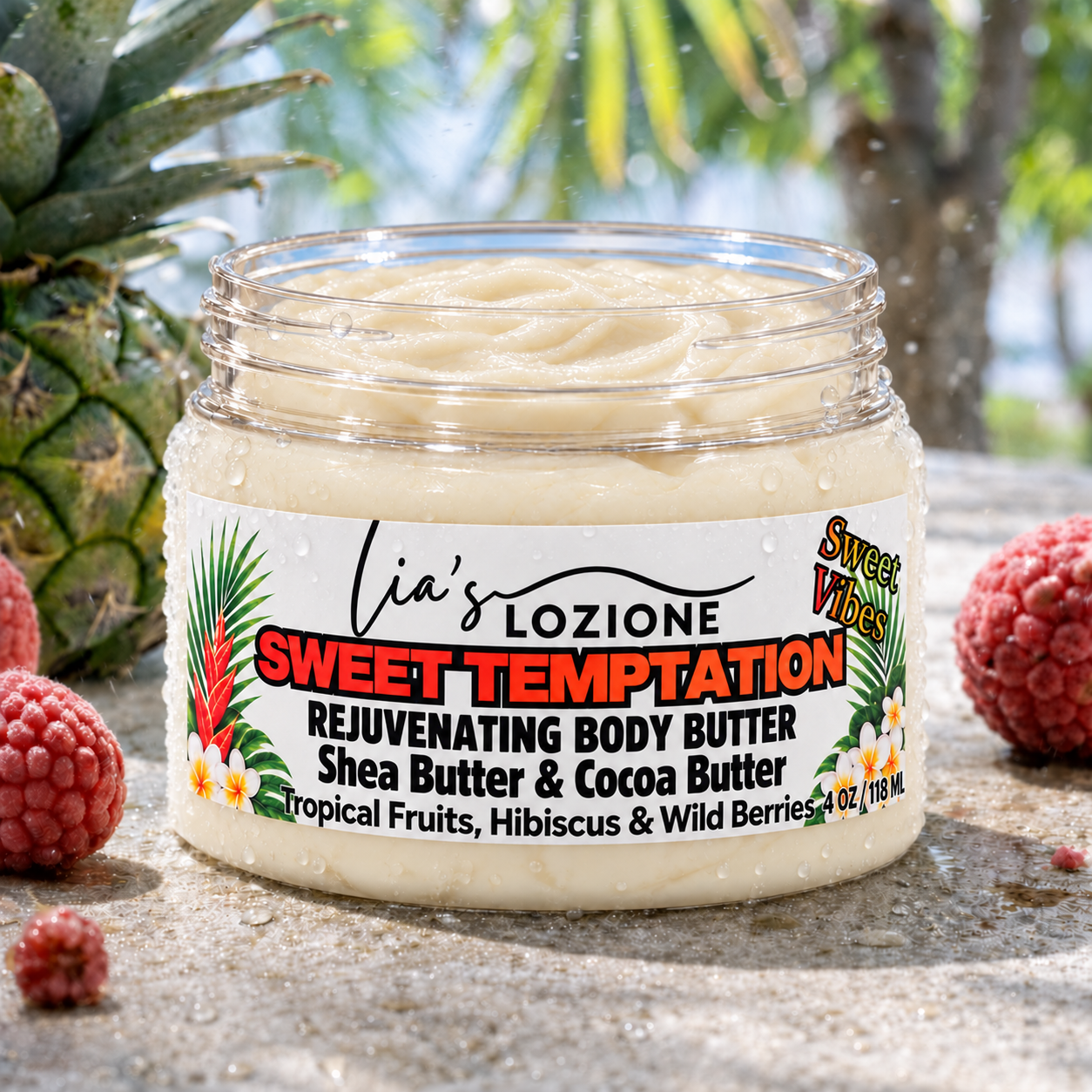 Jar with LID OFF of Sweet Temptation Whipped Body Butter, size 4 OZ, by Lia's Lozione. The Scent is Infused with the essence of tropical fruits, Hibiscus wild berries lychee and seductive florals, Warm Amber.