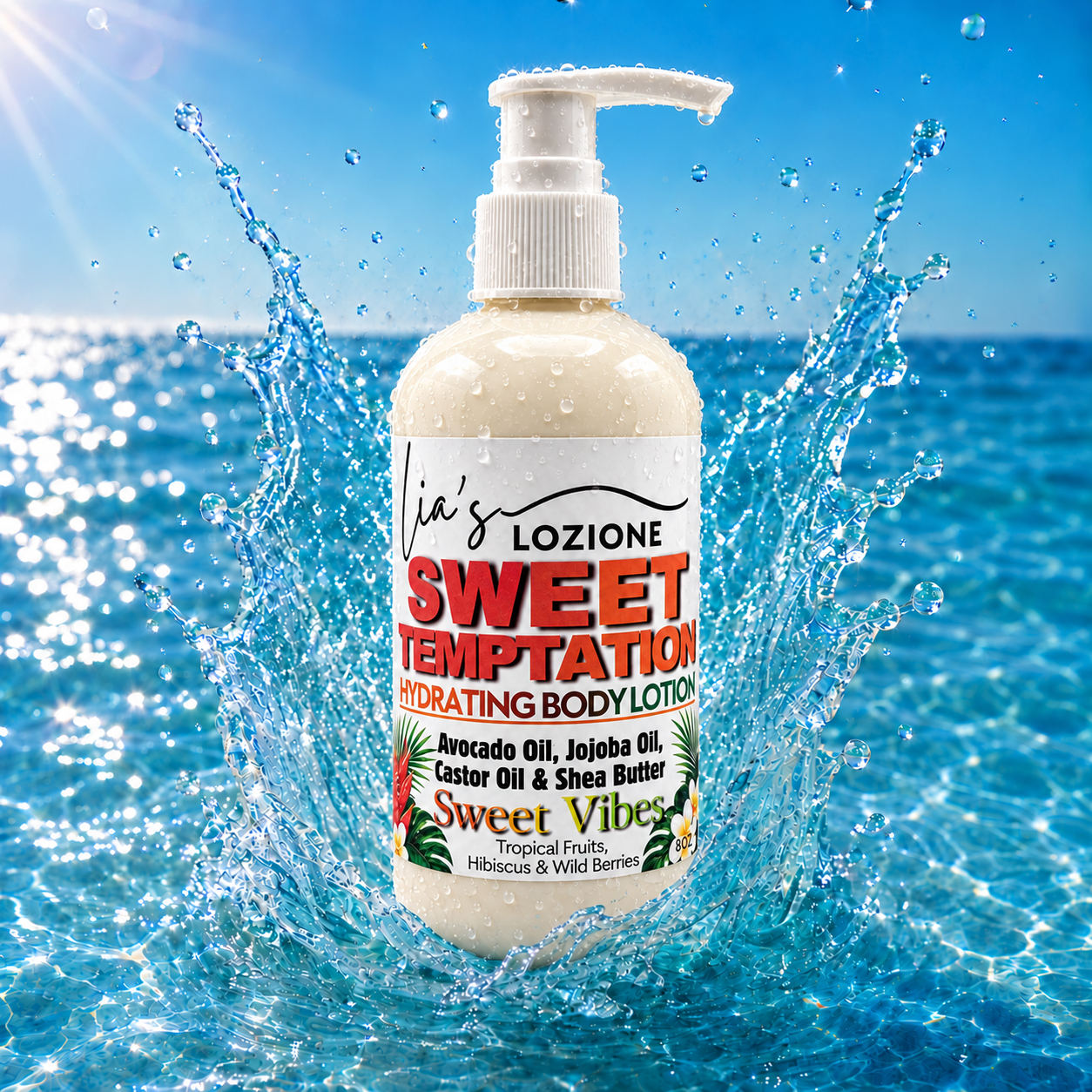Pump Bottle of Sweet Temptation Body Lotion making a splash in water, Size 8 OZ, by Lia's Lozione. The Scent is Infused with the essence of tropical fruits, Hibiscus wild berries lychee and seductive florals, Warm Amber.