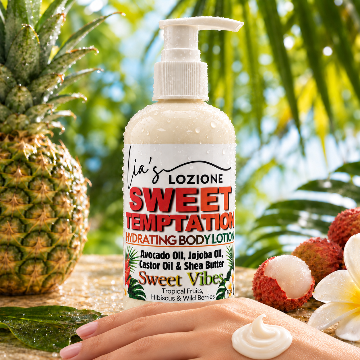 Pump Bottle of Sweet Temptation Body Lotion with sample of Lotion on a hand , Size 8 OZ, by Lia's Lozione. The Scent is Infused with the essence of tropical fruits, Hibiscus wild berries lychee and seductive florals, Warm Amber.