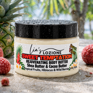 Jar of Sweet Temptation Whipped Body Butter, size 4 OZ, by Lia's Lozione. The Scent is Infused with the essence of tropical fruits, Hibiscus wild berries lychee and seductive florals, Warm Amber.