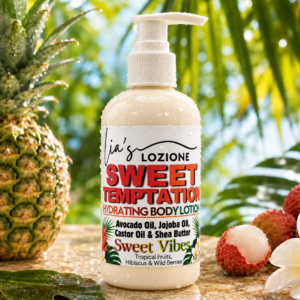 Pump Bottle of Sweet Temptation Body Lotion, Size 8 OZ, by Lia's Lozione. The Scent is Infused with the essence of tropical fruits, Hibiscus wild berries lychee and seductive florals, Warm Amber.