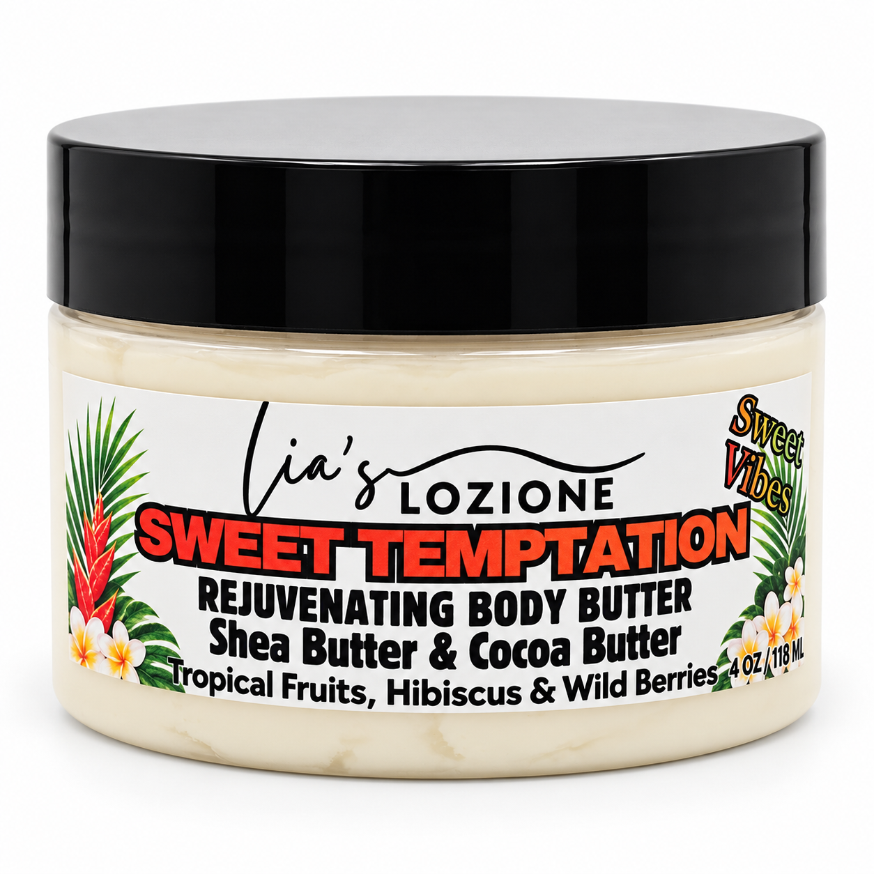 Studio Picture of a Jar of Sweet Temptation Whipped Body Butter, size 4 OZ, by Lia's Lozione. The Scent is Infused with the essence of tropical fruits, Hibiscus wild berries lychee and seductive florals, Warm Amber.