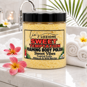 Sweet temptation 10 OZ JAR of Body Polish, in front of a tub with bubbles