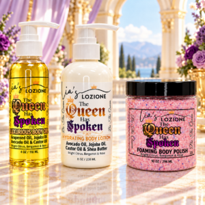 The Queen Has Spoken 4 OZ Body Oil Bottle, 8 OZ Body Lotion Bottle and 10 OZ Body Polish Jar in a beautiful royal setting