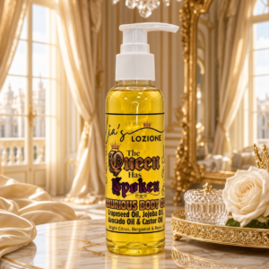 The Queen Has Spoken 4 OZ Body Oil Bottle in roylty setting