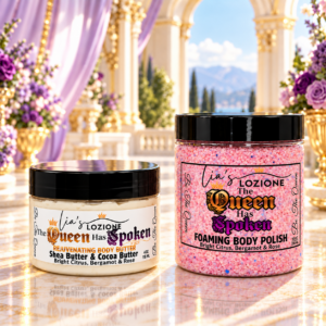 The Queen Has Spoken 4 oz Body Butter and 10 oz Body Polish in a beautiful royalty setting