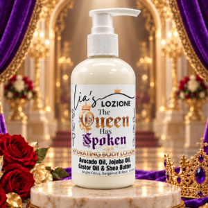 Pump Bottle of The Queen Has Spoken Body Lotion, Size 8 OZ, by Lia's Lozione. The Scent is Bright citrus notes of Bergamot, and Sweet Orange Oil lead to a delicate fragrance with mid notes of Iris, White Rose and Mediterranean Fig. A soft powdery finish of Woods.