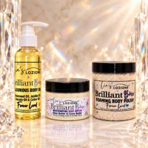 Trio Set Brilliant Bliss 4 OZ Body Oil, 4 OZ Body Butter & 10 oz Body Polish in a beautiful crystal setting