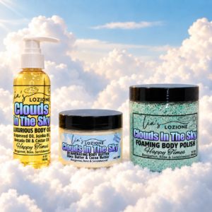 Trio Set Clouds In The Sky 4 OZ Body Oil, 4 OZ Body Butter & 10 OZ Body Polish the trio set is floating in a beautiful sky