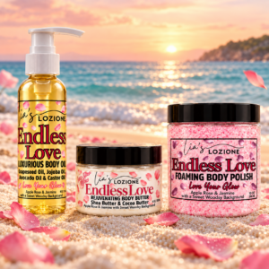 Trio Set Endless Love 4 OZ Body Oil, 4 OZ Body Butter & 10 OZ Body Polish Beautiful beach scene with rose petals