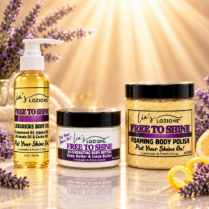 Trio Set FREE TO SHINE S 4 OZ Body Oil, 4 OZ Body Butter & 10 OZ Body Polish in a beautiful citrus and lavender setting with sun rays