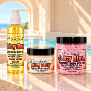 Trio Juicy Glow 4 OZ Body Oil, 4 OZ Body Butter & 10 OZ Body Polish in a beautiful resort style setting