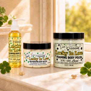 Trio Set Lucky In Love 4 OZ Body Oil, 4 OZ Body Butter & 10 OZ Body Polish in four leaf clover and hearts setting