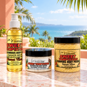 Trio Set SWEET TEMPTATION 4 OZ Body Oil, 4 OZ Body Butter & 10 OZ Body Polish in a tropical setting