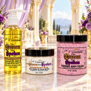 Trio Set The Queen Has Spoken 4 OZ Body Oil, 4 OZ Body Butter & 10 OZ Body Polish in a beautiful royalty setting