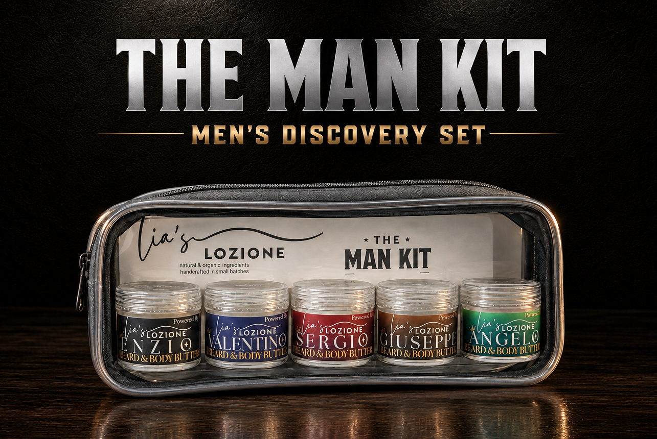 The Man Kit, Men's Discovery Beard and Body Butter set of 5 different scents, ENZIO, SERGIO, VALENTINO, GIUSEPPE, ANGELO. Five, 1 OZ Jars. Come with Clear Travel Pouch. Powered By Lia's Lozione.