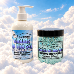Clouds In The Sky combo set, 8 oz Body Lotion Bottle and 10 oz Body Polish Jar in a beautiful Sky with fluffy white clouds