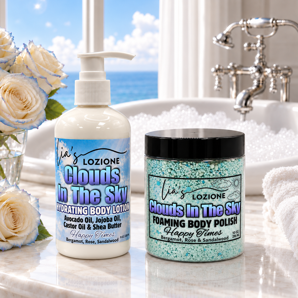 Clouds In The Sky combo set, 8 oz Body Lotion Bottle and 10 oz Body Polish Jar in a beautiful bathroom setting with white couds outside the window