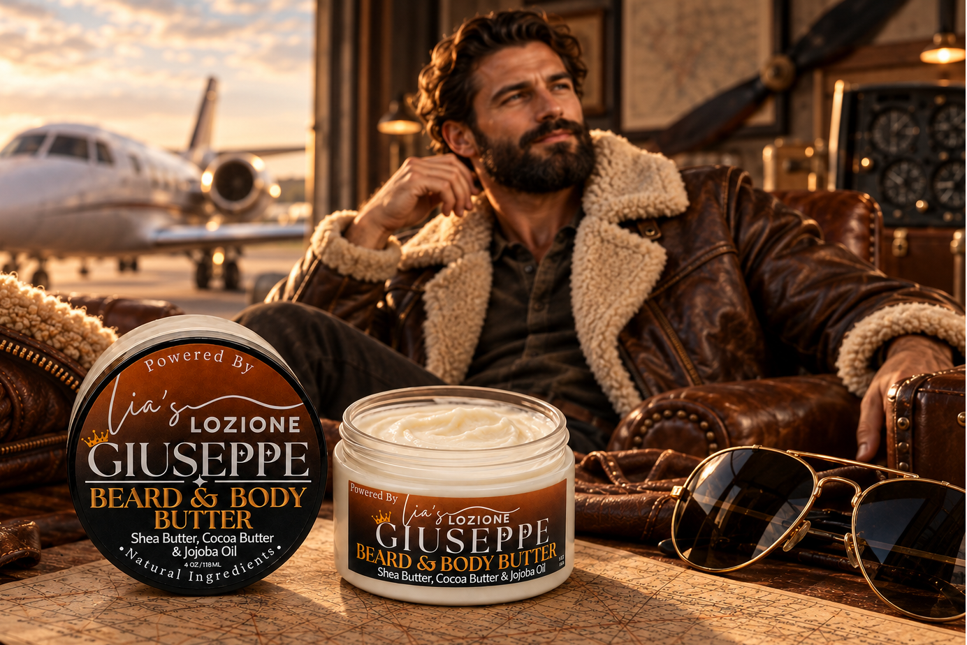 GIUSEPPE BEARD & BODY BUTTER 4 OZ Jar with a handsome man in the background in a aviator setting, by Lia's Lozione