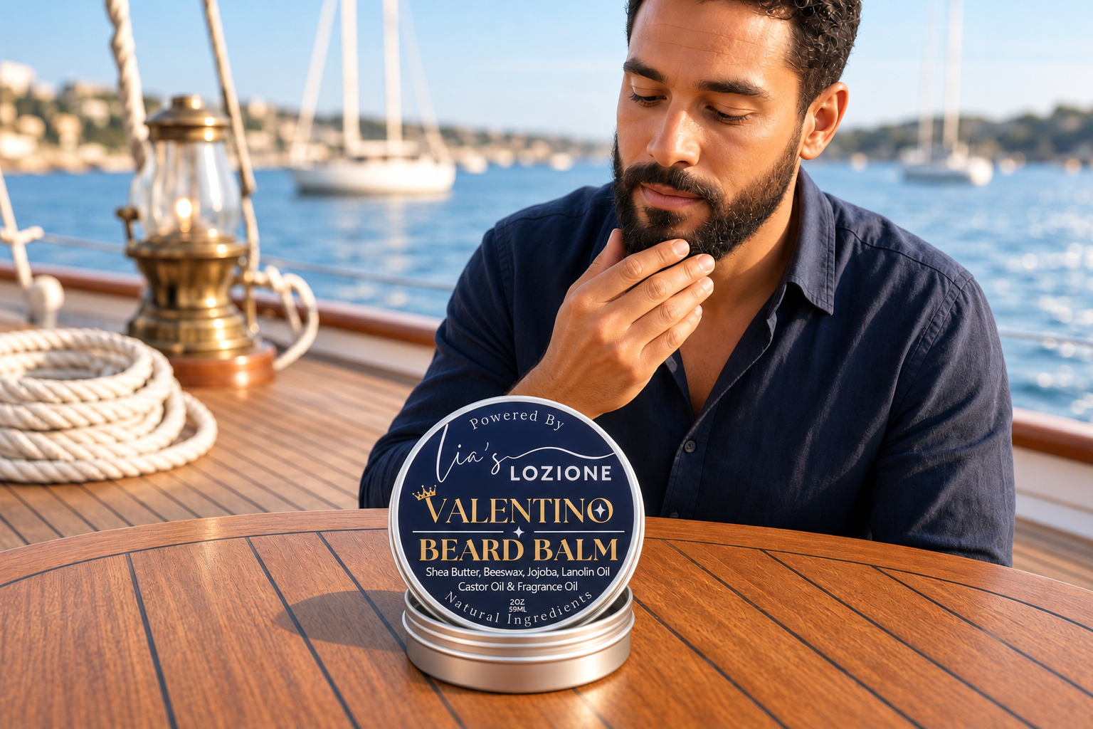 Valentino Natural Beard Balm, 2 OZ Screw top Tin in a Seaside setting with a Handsome Bearded man in the background, by Lia's Lozione.