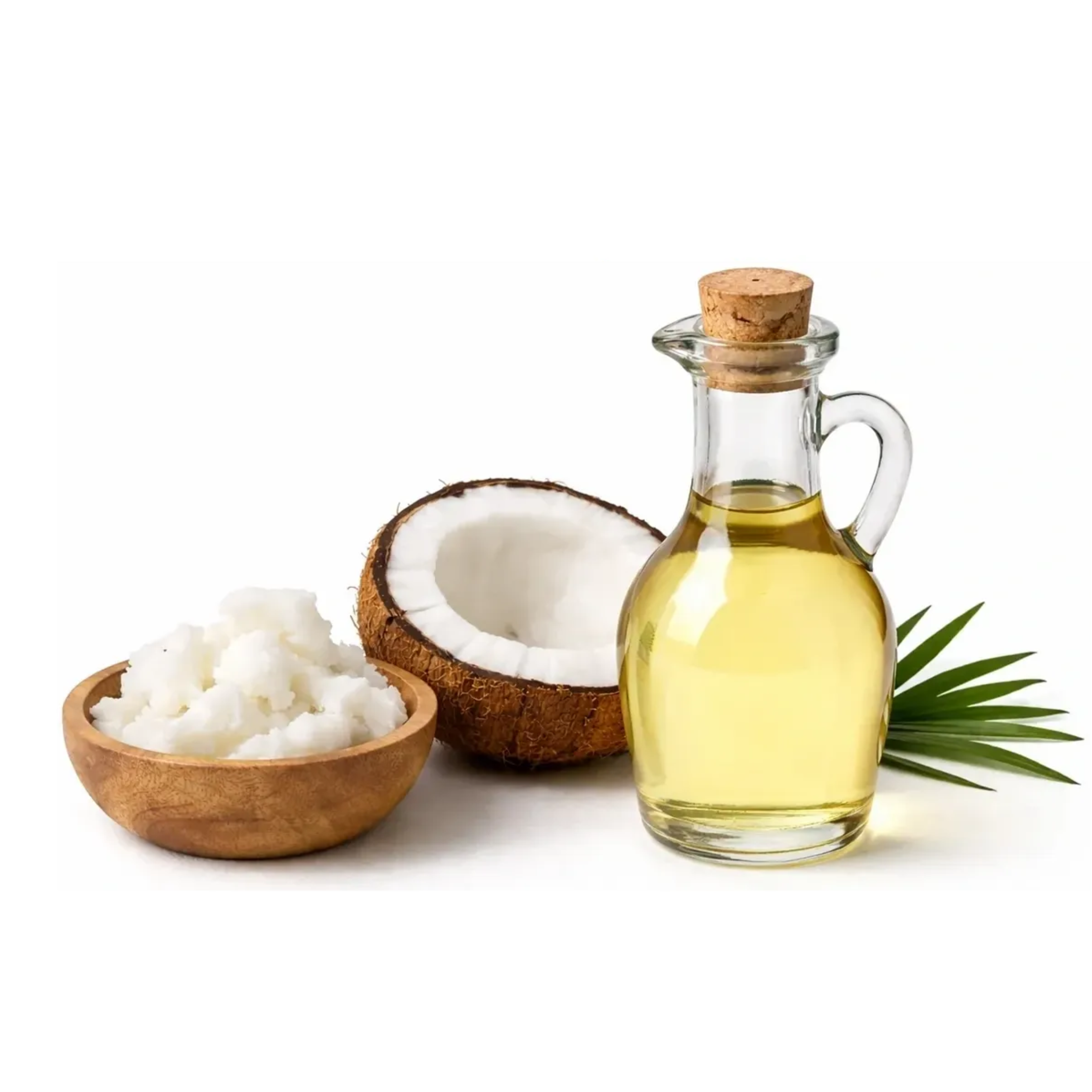 Bottle of coconut oil with halved coconut