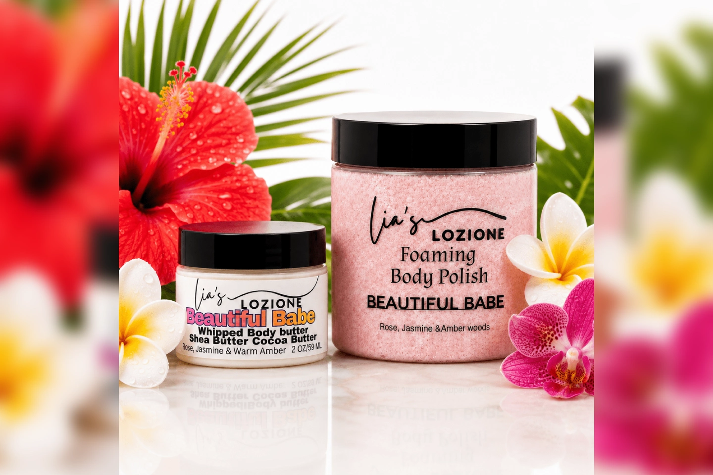 Pink body polish and butter with tropical flowers