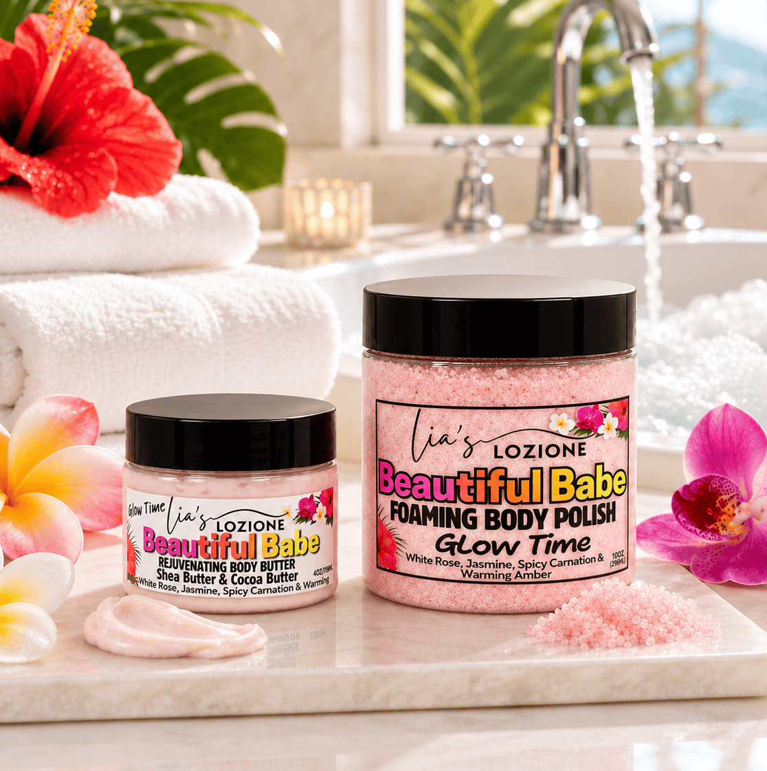 Beautiful Babe combo set, 8 OZ Body Lotion and 10 OZ Body Polish Comb Set in a beautifu bathroom setting with tropical flowers 1