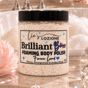 Brilliant Bliss 10 JAR of Body Polish in fornt of tub with bubbles