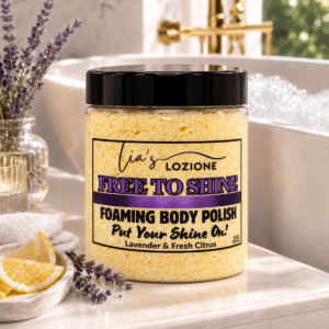 FREE TO SHINE 10 OZ JAR of Body Polish in front of tub with bubbles