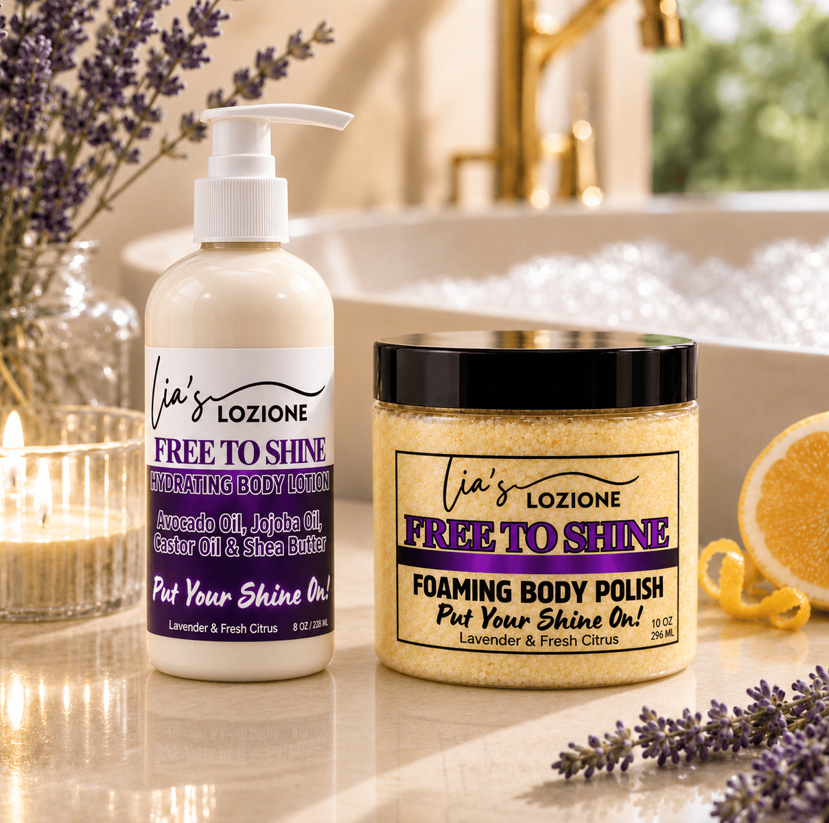 FREE TO SHINE 8 oz Body Lotion Bottle and 10 oz Body Polish Jar in a beautiful bathroom setting with sun rays, lavender and citrus