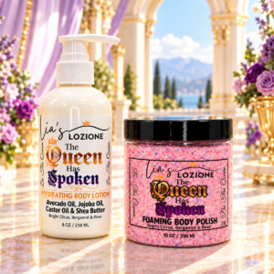The Queen Has Spoken 8 oz Body Lotion Bottle and 10 oz Body Polish Jar in a beautiful royalty setting