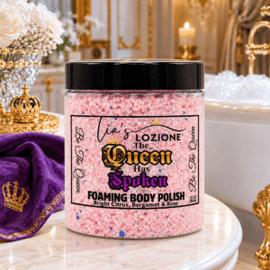 The Queen Has Spoken Body Polish 10 OZ JAR, in a royalty setting with tub in background with bubbles in tub