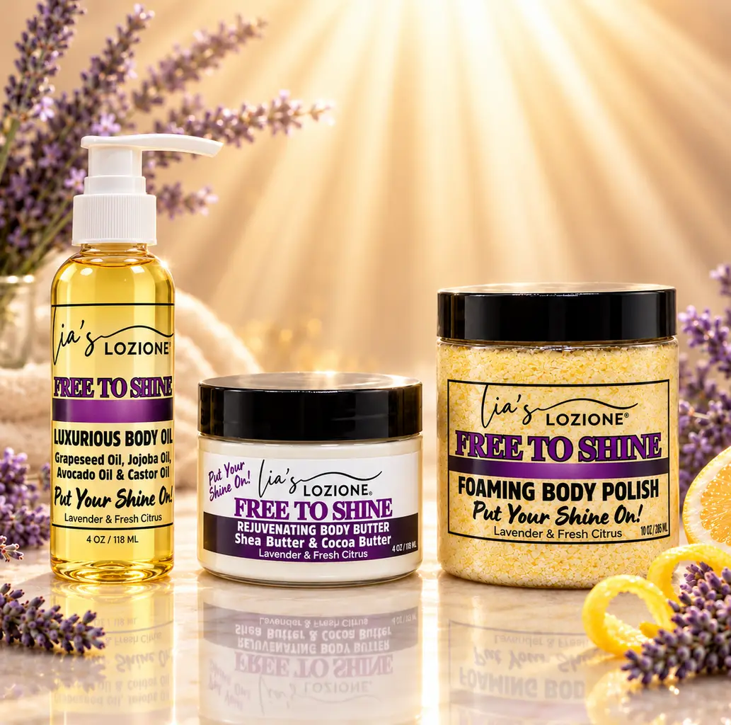 Clean Beauty Trends That Put Your Skin First. Trio set of Free to Shine, 4 OZ bottle of Body Oil, 4 OZ Jar of Free To Shine Whipped Body Butter and 10 OZ Jar of Free to Shine Foaming Body Polish. By Lia's Lozione